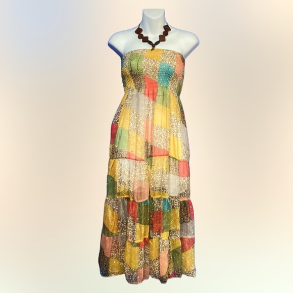 KU2 by Kokomo Unlimited Beautiful Patchwork MIDI Dress w/Wood Straps SZ S/M - Picture 2 of 6